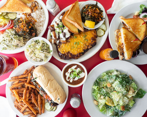 Vegan southern barbeque. Nontypical vegan bbq food including meatloaf and pulled pork with traditional southern sides.