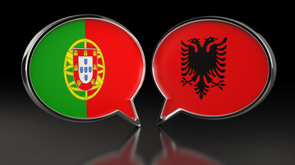 Portugal and Albania flags with Speech Bubbles. 3D illustration