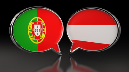 Portugal and Austria flags with Speech Bubbles. 3D illustration