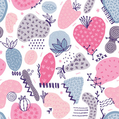 Vector seamless pattern with hand drawn abstract shapes. Spotted and textured figures. Unique design. Creative background. Applique. Freehand style. Wallpaper, textile, wrapping, print on clothes