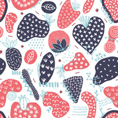 Vector seamless pattern with hand drawn abstract shapes. Spotted and textured figures. Unique design. Creative background. Applique. Freehand style. Wallpaper, textile, wrapping, print on clothes