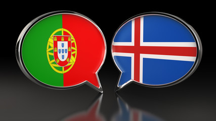 Portugal and Iceland flags with Speech Bubbles. 3D illustration