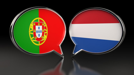 Portugal and Netherlands flags with Speech Bubbles. 3D illustration