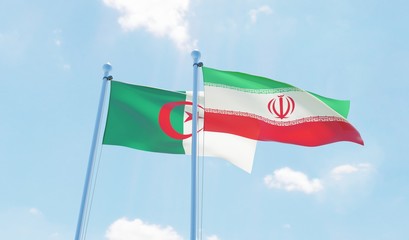 Algeria and Iran, two flags waving against blue sky. 3d image