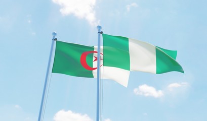 Algeria and Nigeria, two flags waving against blue sky. 3d image