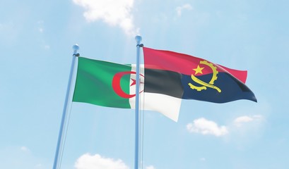 Algeria and Angola, two flags waving against blue sky. 3d image