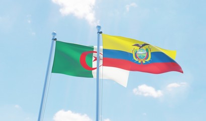 Algeria and Ecuador, two flags waving against blue sky. 3d image