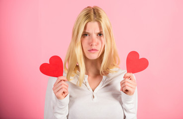 Girl hold heart love symbol over pink background. Valentines day concept. How to feel less lonely on valentines day. Being single on valentines issues. How to fight valentines day loneliness
