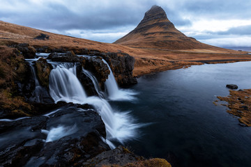 Kirkjufellfoss waterfalls at Snaefellness peninsula in Iceland