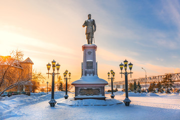Monument to the Russian Emperor Alexander the Third. Novosibirsk, Russia - obrazy, fototapety, plakaty