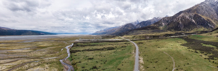 Fototapeta premium Mount Cook Road drone aereo view, New Zealand, South Island, NZ