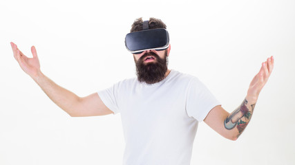 Hipster exploring virtual reality. Virtual presentation. Man bearded hipster VR glasses white background. Interactive surface virtual reality. Guy with head mounted display interact virtual reality
