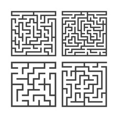 A set of square mazes of various levels of difficulty. Game for kids. Puzzle for children. One entrances, one exit. Labyrinth conundrum. Flat vector illustration isolated on white background.