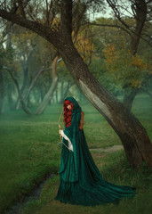 hunter, red-haired girl with a bow in hands in search of the victim, dressed in green emerald velor velvet dress and a raincoat, looking directly at the camera, walking alone in forest full of fog