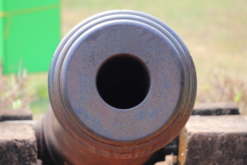 Old cannon tope for war front view at fort in India - Image