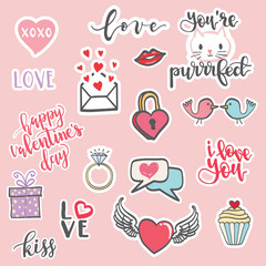 Valentine's Day hand drawn stickers - vector illustration, eps10