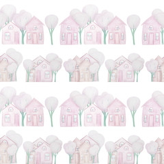 seamless pattern with winter houses drawn with colored pencils