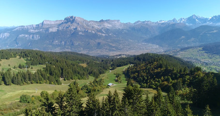 Mountain range of the Alps, with the peak of Mont Blanc, aerial view France