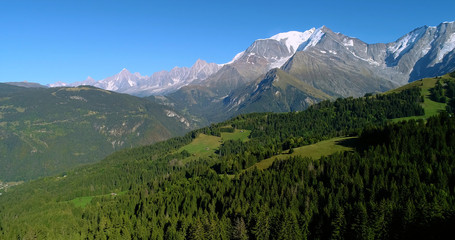 Mountain range of the Alps, with the peak of Mont Blanc, aerial view France