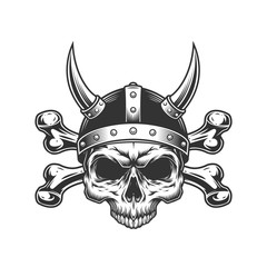 Vintage viking skull in horned helmet