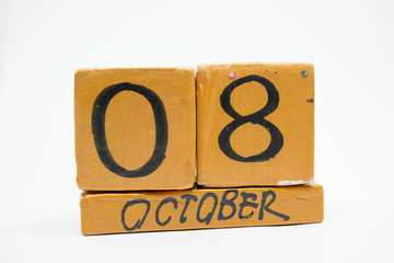 october 8th. Day 8 of month, handmade wood calendar isolated on white background. autumn month, day of the year concept