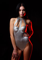 Girl attractive body wear futuristic fashion lingerie. Lady wear sexy spaceship uniform black...