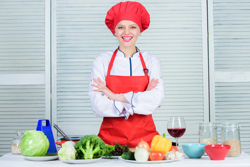 Welcome to my culinary show. Woman pretty chef wear hat and apron. Uniform for professional chef. Lady adorable chef teach culinary arts. Best culinary recipes to try at home. Improve culinary skill