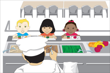 Illustration of kids in school cafeteria
