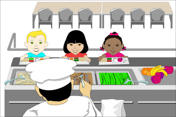 Illustration of kids in school cafeteria