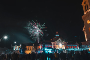 beautiful fireworks on a large open square