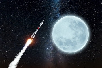 The rocket flies in space against the backdrop of the moon. The concept of space exploration,...