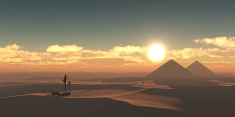 Fototapeta na wymiar Sandy desert with pyramids at sunset, the sun over the sand, 