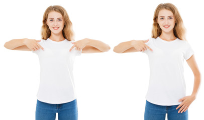 happy girl points hand at white t-shirt,woman t shirt,tshirt set