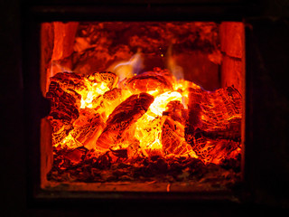 Yellow flame of firewood burning in oven.
