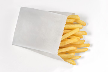 French fries on white paper bag