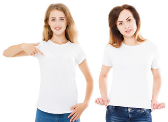 set white t shirt, front view two woman in t-shirt isolated on white background,design and people...