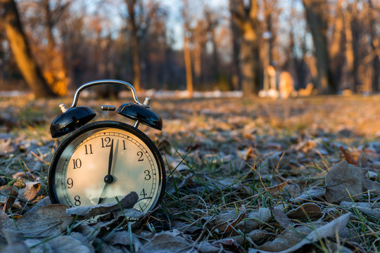 MORNING ALARM CLOCK IN A COLD ICY GRASS WITH SUNRISE
