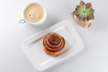 Cup of coffee, cinnamon roll bun pastry and small succulent plant over the white background.