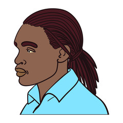 Hand drawn african american with brown skin and neutral facial expression. Rastalocken, front, side, profile. Blue polo shirt. vector graphics, comic.