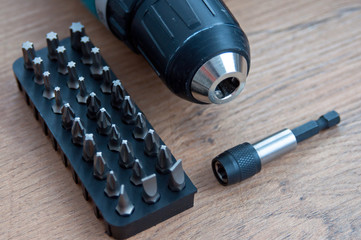 Screwdriver attachments close-up. Power tool. A set of nozzles on the screwdriver.