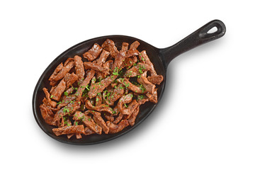 Meat Fajitas pan on white background