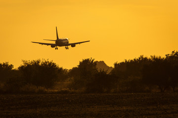 Air plane landing on the track at sunset with beautiful sky in background