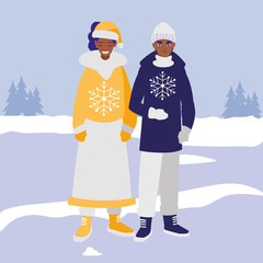 young couple black with winter clothes