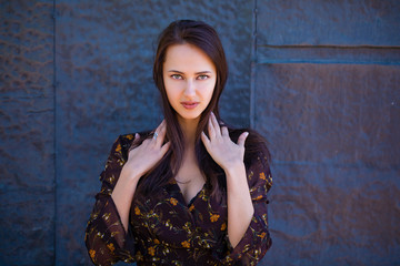 Fototapeta premium Beautiful brunette woman in sexy brown dress