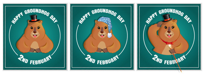 Happy Groundhog Day is a spring holiday. February 2nd. Set of square banners. Marmot with a cane, in a bowler hat, in a nightcap and slippers. Vector graphics.