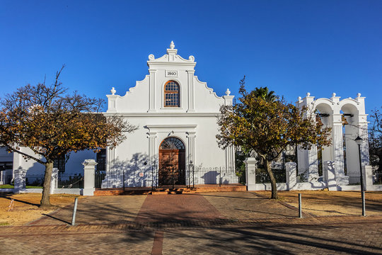 Stellenbosch Rhenish Mission Church (1823 - 1840) with its fine gables, built in form of an incomplete T, faces southern side of Braak. This is one of oldest South Africa mission churches. Cape Town.