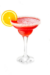 Cosmopolitan martini cocktail with vodka red cranberry juice lime and lemon spiral isolated on a white background