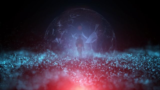 Artistic walking on digital cyberspace road. Futuristic artificial intelligence background. Selective focus used.
