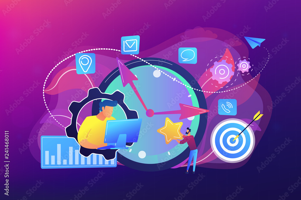 Poster businessman trying to accomplish tasks and goals on time and big clock and computer. time management