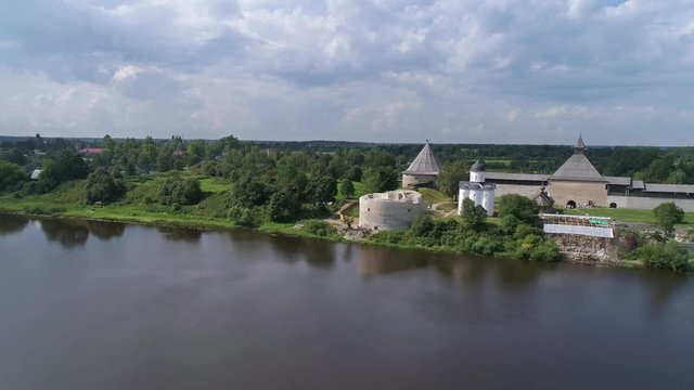 Flight over the Staraya Ladoga fortress and the Volkhov River, Russia, 4k